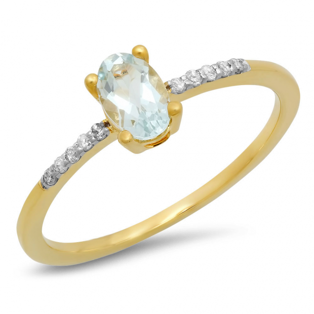 0.50 Carat (ctw) 10K Yellow Gold Oval Cut Aquamarine & Round Cut White Diamond Ladies Bridal Engagement Promise Ring 1/2 CT