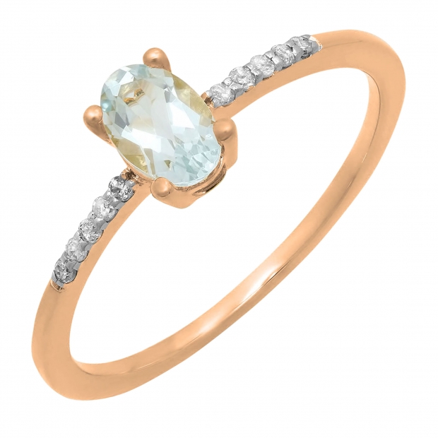 0.50 Carat (ctw) 14K Rose Gold Oval Cut Aquamarine & Round Cut White Diamond Ladies Bridal Engagement Promise Ring 1/2 CT