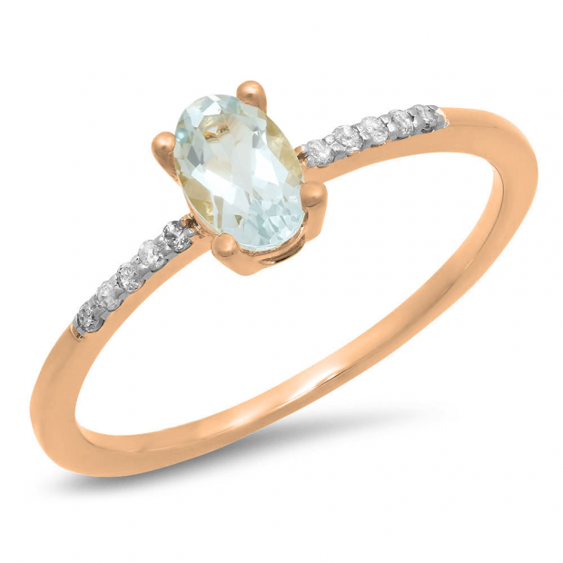 0.50 Carat (ctw) 18K Rose Gold Oval Cut Aquamarine & Round Cut White Diamond Ladies Bridal Engagement Promise Ring 1/2 CT