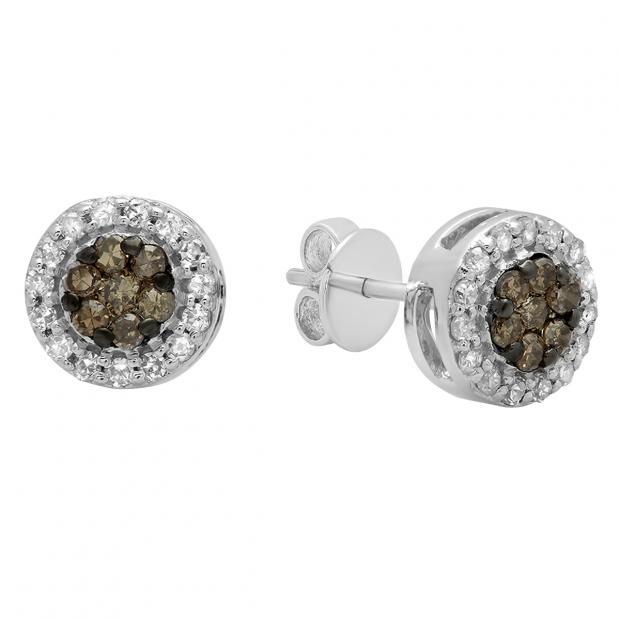 0.30 Carat (ctw) 10K White Gold Round Champagne & White Diamond Ladies Cluster Style Stud Earrings 1/3 CT