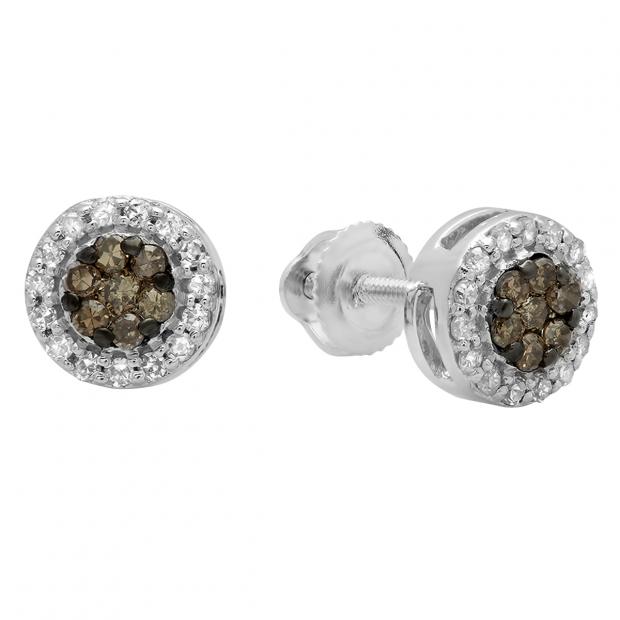 0.30 Carat (ctw) 10K White Gold Round Champagne & White Diamond Ladies Cluster Style Stud Earrings 1/3 CT
