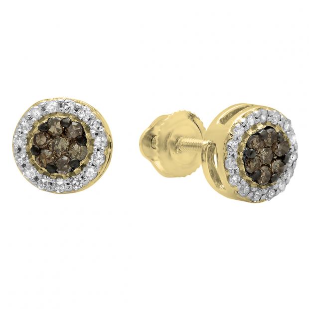 0.30 Carat (ctw) 10K Yellow Gold Round Champagne & White Diamond Ladies Cluster Style Stud Earrings 1/3 CT