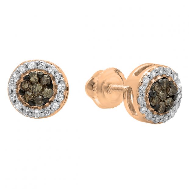 0.30 Carat (ctw) 14K Rose Gold Round Champagne & White Diamond Ladies Cluster Style Stud Earrings 1/3 CT