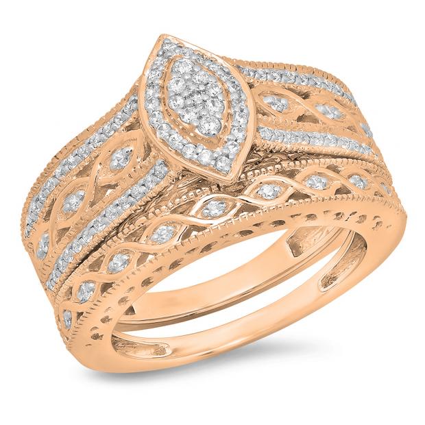 0.90 Carat (ctw) 10K Rose Gold Round Blue Sapphire & White Cubic Zirconia CZ Bridal Engagement Ring Set