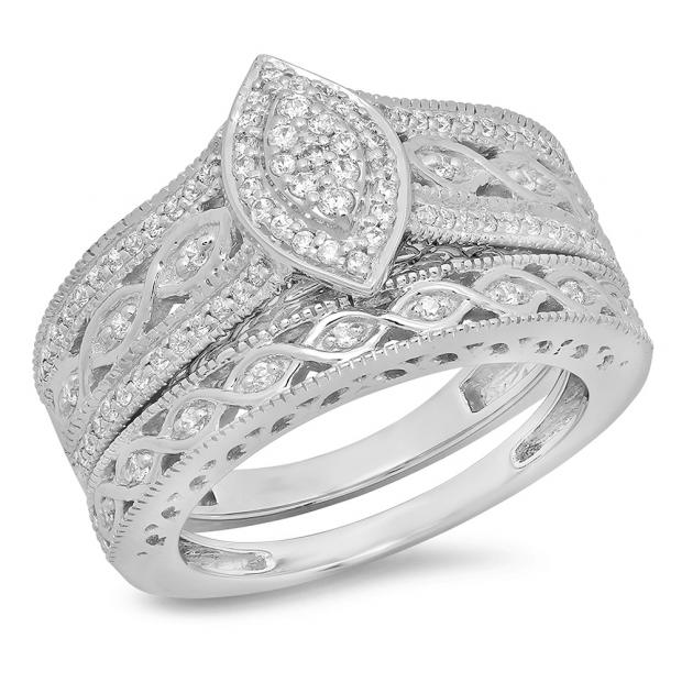 0.90 Carat (ctw) 14K White Gold Round Blue Sapphire & White Cubic Zirconia CZ Bridal Engagement Ring Set