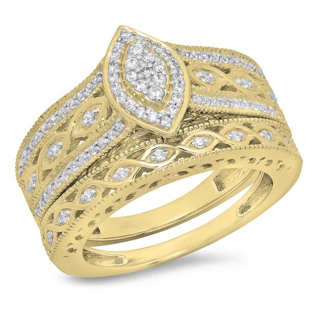 0.90 Carat (ctw) 18K Yellow Gold Round Blue Sapphire & White Cubic Zirconia CZ Bridal Engagement Ring Set