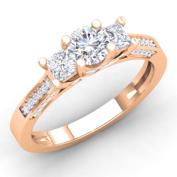 1.10 Carat (ctw) 10K Rose Gold Princess & Round White Diamond Ladies Bridal 3 Stone Engagement Ring 1 CT