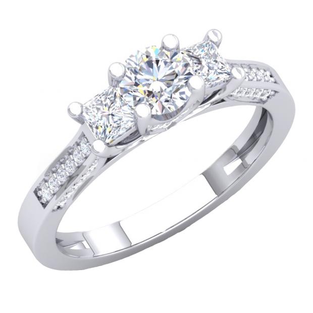 1.10 Carat (ctw) 10K White Gold Princess & Round White Diamond Ladies Bridal 3 Stone Engagement Ring 1 CT