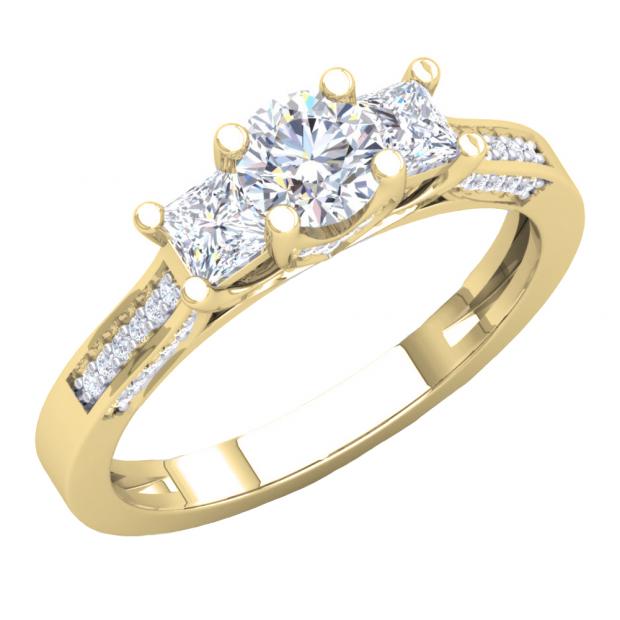 1.10 Carat (ctw) 10K Yellow Gold Princess & Round White Diamond Ladies Bridal 3 Stone Engagement Ring 1 CT