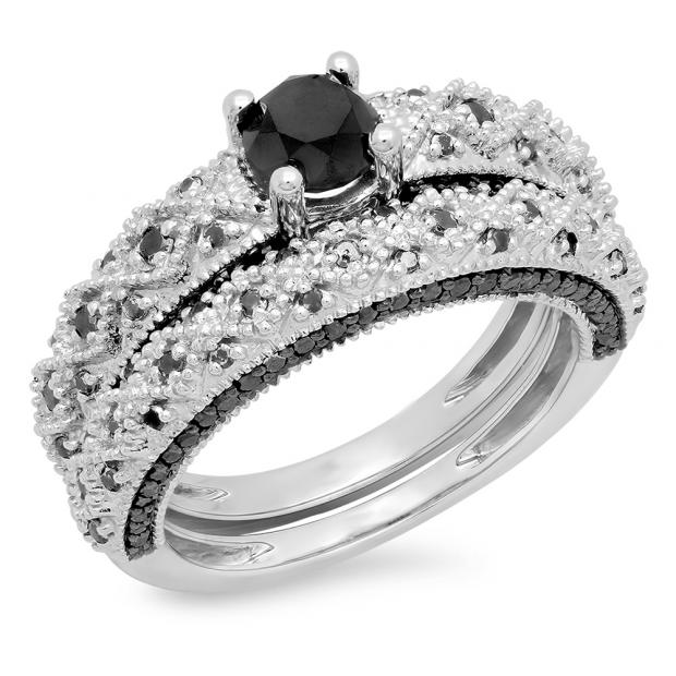 1.45 Carat (ctw) 10K White Gold Round Cut Black Diamond Ladies Bridal Vintage Style Engagement Ring With Matching Band Set 1 1/2 CT