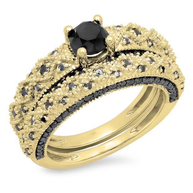 1.45 Carat (ctw) 10K Yellow Gold Round Cut Black Diamond Ladies Bridal Vintage Style Engagement Ring With Matching Band Set 1 1/2 CT