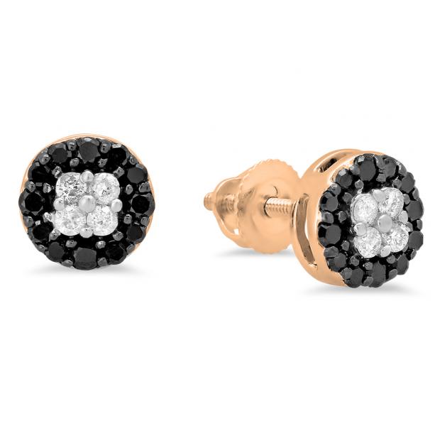0.35 Carat (ctw) 10K Rose Gold Real Round Cut Black & White Diamond Ladies Cluster Style Stud Earrings 1/3 CT