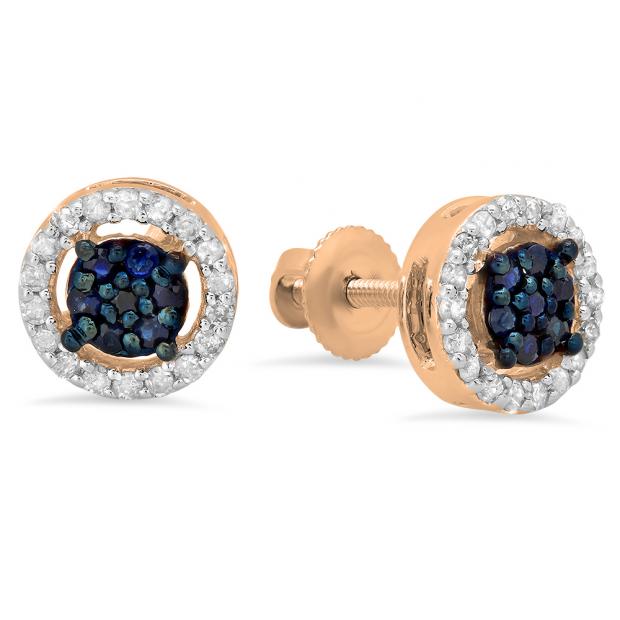 0.30 Carat (ctw) 14K Rose Gold Blue Sapphire & White Diamond Ladies Cluster Stud Earrings 1/3 CT