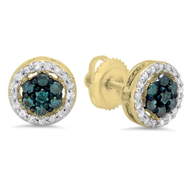 0.45 Carat (ctw) 18K Yellow Gold Blue & White Diamond Ladies Cluster Flower Stud Earrings 1/2 CT