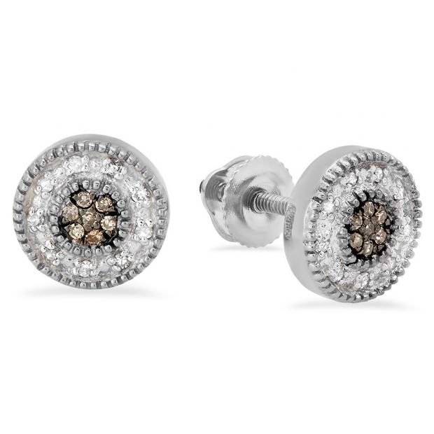 0.10 Carat (ctw) 10K White Gold Round Cut Champagne & White Diamond Cluster Stud Earrings