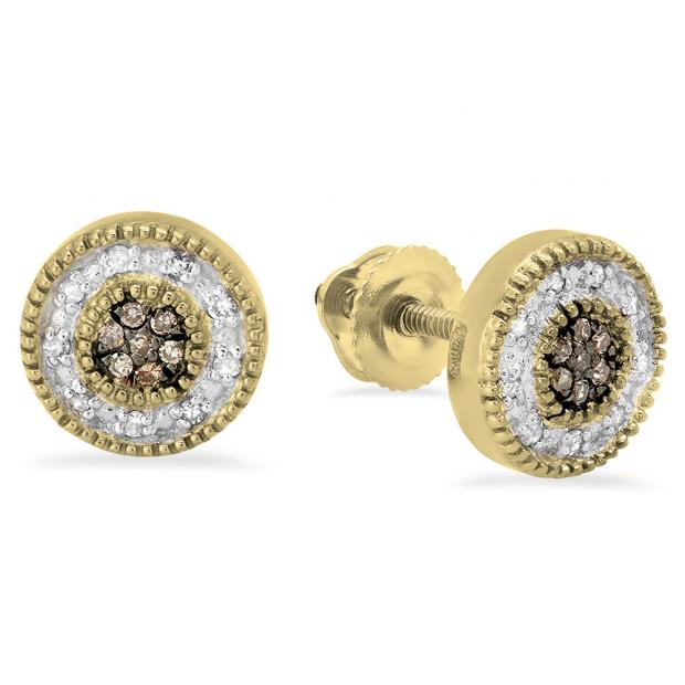0.10 Carat (ctw) 10K Yellow Gold Round Cut Champagne & White Diamond Cluster Stud Earrings