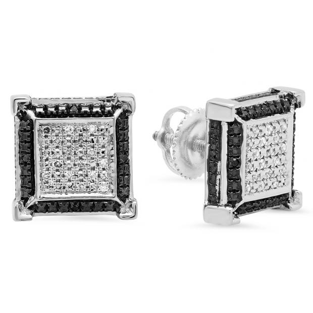 0.15 Carat (ctw) Sterling Silver Round Black & White Diamond Micro Pave V Square Shape Stud Earrings