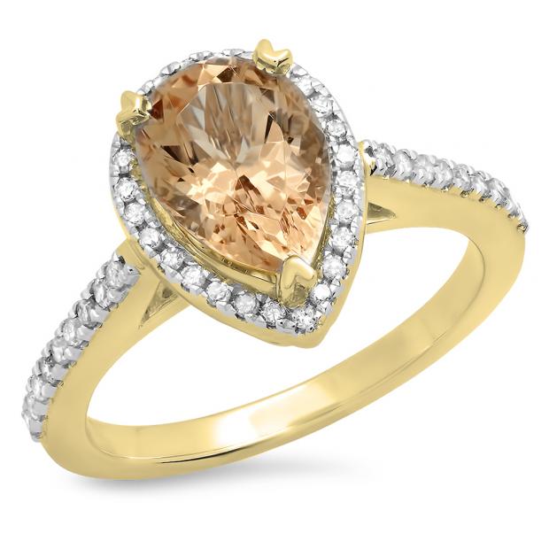 2.20 Carat (ctw) 14K Yellow Gold Pear Cut Morganite & Round Cut White Diamond Ladies Bridal Halo Engagement Ring
