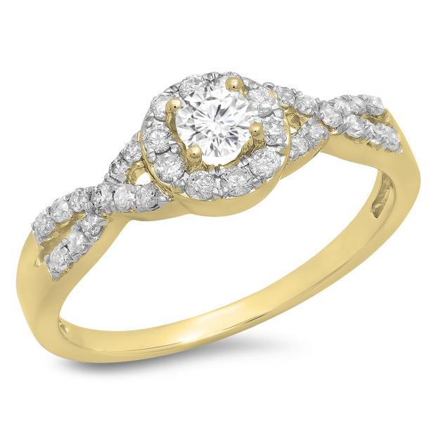 0.50 Carat (ctw) 10K Yellow Gold Round Diamond Ladies Engagement Halo Style Swirl Split Shank Bridal Ring 1/2 CT