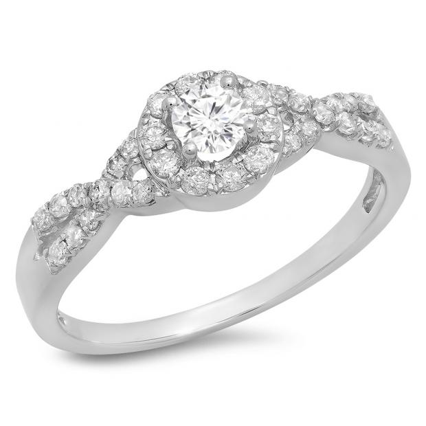 0.50 Carat (ctw) 14K White Gold Round Diamond Ladies Engagement Halo Style Swirl Split Shank Bridal Ring 1/2 CT