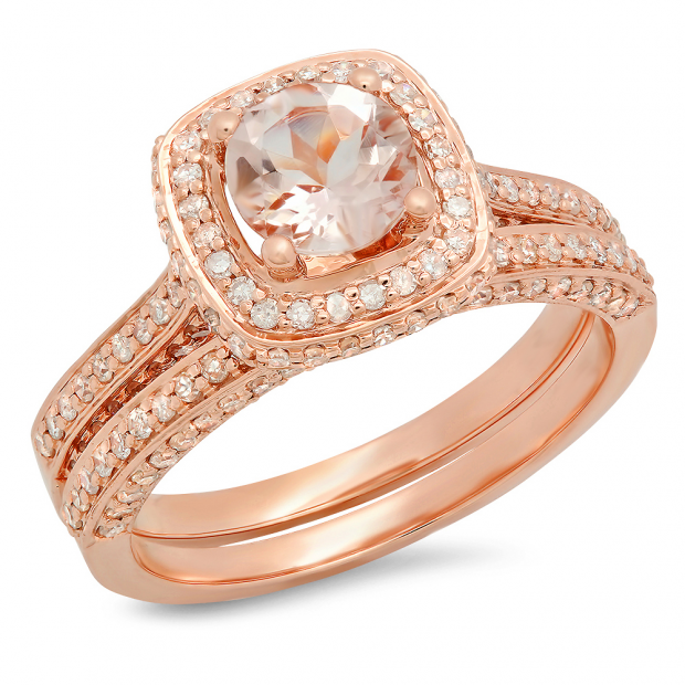 1.50 Carat (ctw) 14K Rose Gold Round Cut Morganite & White Diamond Ladies Bridal Split Shank Halo Engagement Ring With Matching Band Set 1 1/2 CT