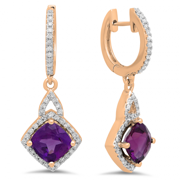 2.85 Carat (ctw) 10K Rose Gold Cushion Amethyst & Round Diamond Ladies Halo Style Dangling Drop Earrings
