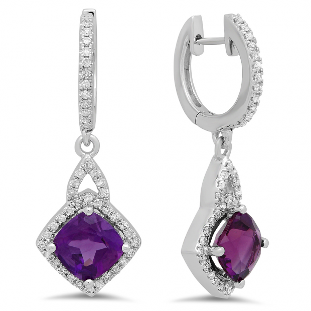2.85 Carat (ctw) 10K White Gold Cushion Amethyst & Round Diamond Ladies Halo Style Dangling Drop Earrings