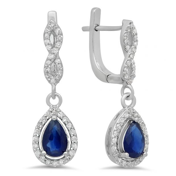 1.30 Carat (ctw) 14K White Gold Pear Cut Blue Sapphire & Round Cut White Diamond Ladies Halo Style Dangling Drop Earrings