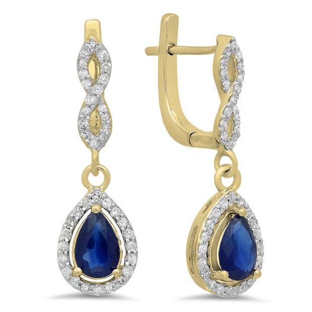 1.30 Carat (ctw) 14K Yellow Gold Pear Cut Blue Sapphire & Round Cut White Diamond Ladies Halo Style Dangling Drop Earrings