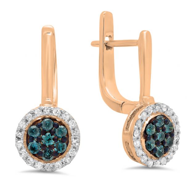 0.35 Carat (ctw) 10K Rose Gold Round Blue & White Diamond Ladies Fine Halo Hoop Earrings 1/3 CT