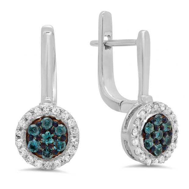 0.35 Carat (ctw) 10K White Gold Round Blue & White Diamond Ladies Fine Halo Hoop Earrings 1/3 CT