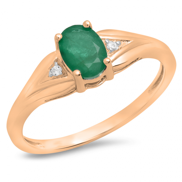 0.85 Carat (ctw) 14K Rose Gold Oval Emerald & Round White Diamond Ladies Bridal Engagement Ring