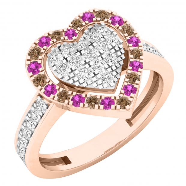 0.80 Carat (ctw) 14K Rose Gold Round Cut White & Champagne Diamond & Pink Sapphire Ladies Heart Shaped Bridal Engagement Ring