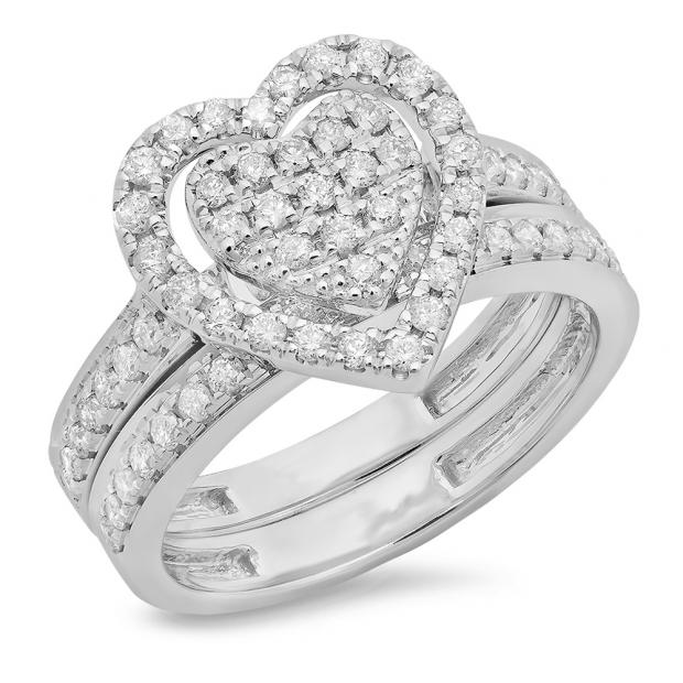 0.80 Carat (ctw) 14K White Gold Round Cut White Diamond Ladies Heart Shaped Bridal Engagement Ring With Matching Band Set 3/4 CT