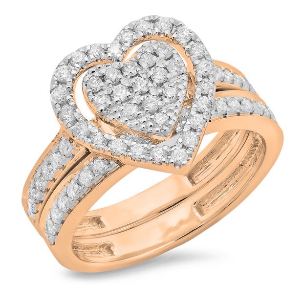 0.80 Carat (ctw) 18K Rose Gold Round Cut White Diamond Ladies Heart Shaped Bridal Engagement Ring With Matching Band Set 3/4 CT