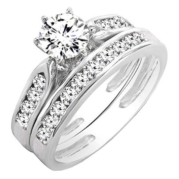 IGI Certified Round White Diamond Tapered Shank Wedding Ring Set for Women (1 ctw, Color I-J, Clarity I2-I3) in 10K White Gold