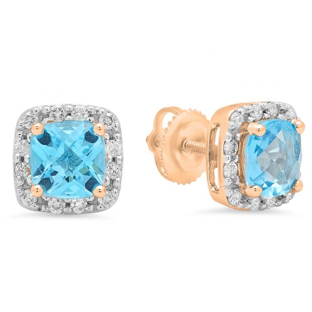 2.70 Carat (ctw) 10K Rose Gold Cushion Cut Blue Topaz & Round Cut White Diamond Ladies Square Frame Halo Stud Earrings