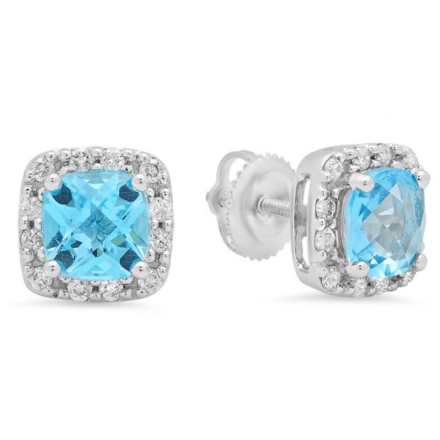 2.70 Carat (ctw) 10K White Gold Cushion Cut Blue Topaz & Round Cut White Diamond Ladies Square Frame Halo Stud Earrings