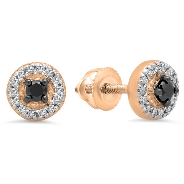 0.25 Carat (Ctw) 10K Rose Gold Round Black & White Diamond Ladies Halo Style Stud Earrings 1/4 CT