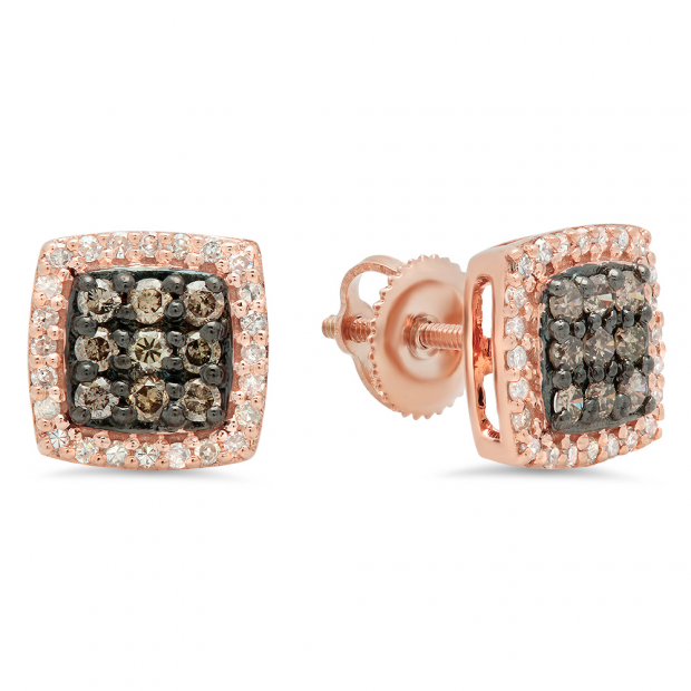 0.60 Carat (ctw) 10K Rose Gold Round Cut Champagne & White Diamond Square Shaped Stud Earrings
