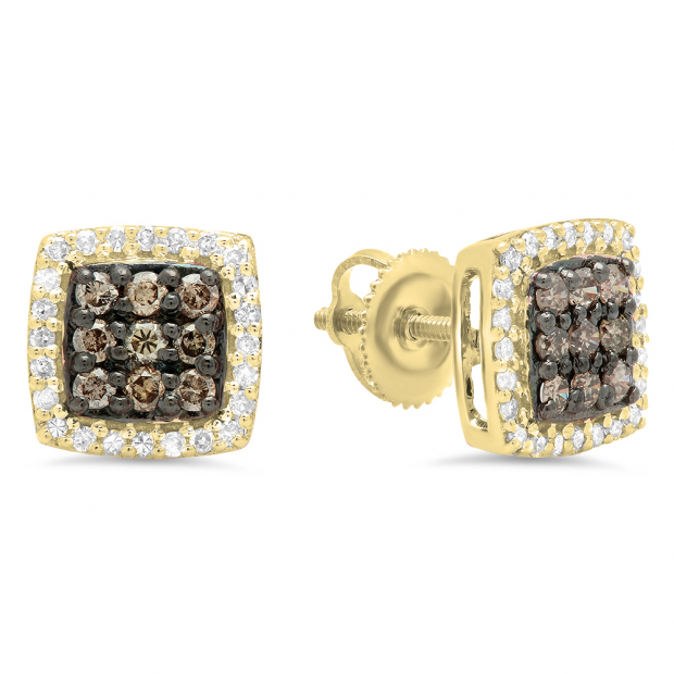 0.60 Carat (ctw) 14K Yellow Gold Round Cut Champagne & White Diamond Square Shaped Stud Earrings