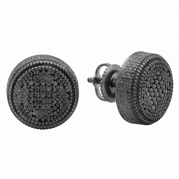 0.15 Carat (Ctw) Black Rhodium Plated Sterling Silver Round Cut Black Diamond Ladies Milgrain Cluster Stud Earrings