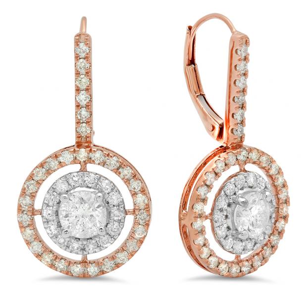 2.20 Carat (Ctw) 10K Rose Gold Round Cut Diamond Ladies Halo Style Dangling Drop Earrings