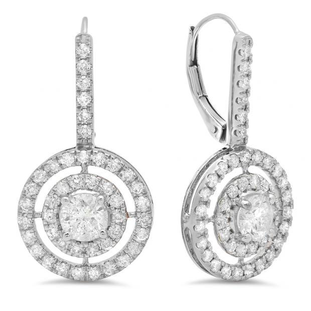 2.20 Carat (Ctw) 14K White Gold Round Cut Diamond Ladies Halo Style Dangling Drop Earrings