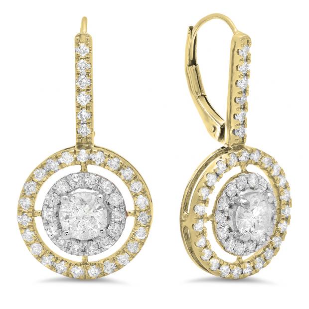 2.20 Carat (Ctw) 14K Yellow Gold Round Cut Diamond Ladies Halo Style Dangling Drop Earrings
