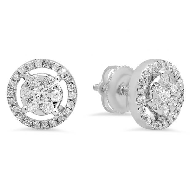 0.50 Carat (ctw) 18K White Gold White Diamond Ladies Cluster Flower Stud Earrings 1/2 CT