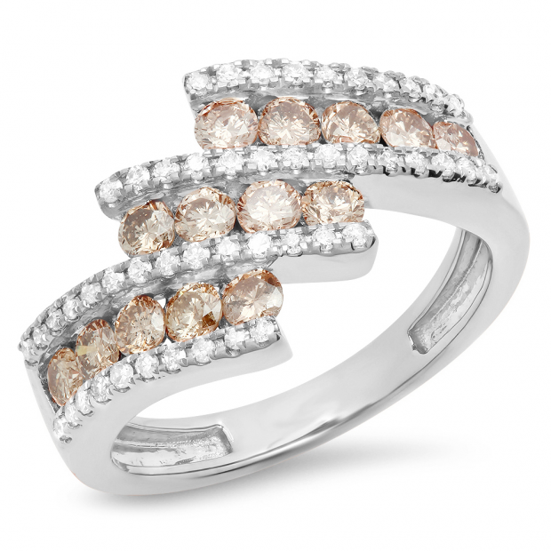 1.25 Carat (Ctw) 10K White Gold Round Champagne & White Diamond Ladies Bypass Fashion Right Hand Ring