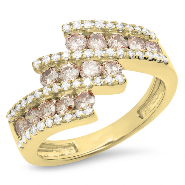 1.25 Carat (Ctw) 10K Yellow Gold Round Champagne & White Diamond Ladies Bypass Fashion Right Hand Ring