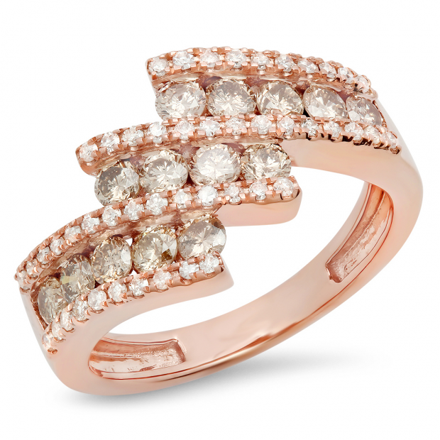 1.25 Carat (Ctw) 18K Rose Gold Round Champagne & White Diamond Ladies Bypass Fashion Right Hand Ring