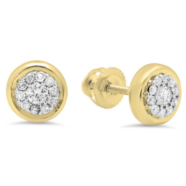 0.20 Carat (Ctw) 18K Yellow Gold Round White Diamond Ladies Cluster Stud Earrings 1/4 CT